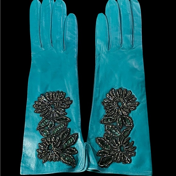 Vintage Portolano Teal Blue Leather Gloves With Beaded Embellishment